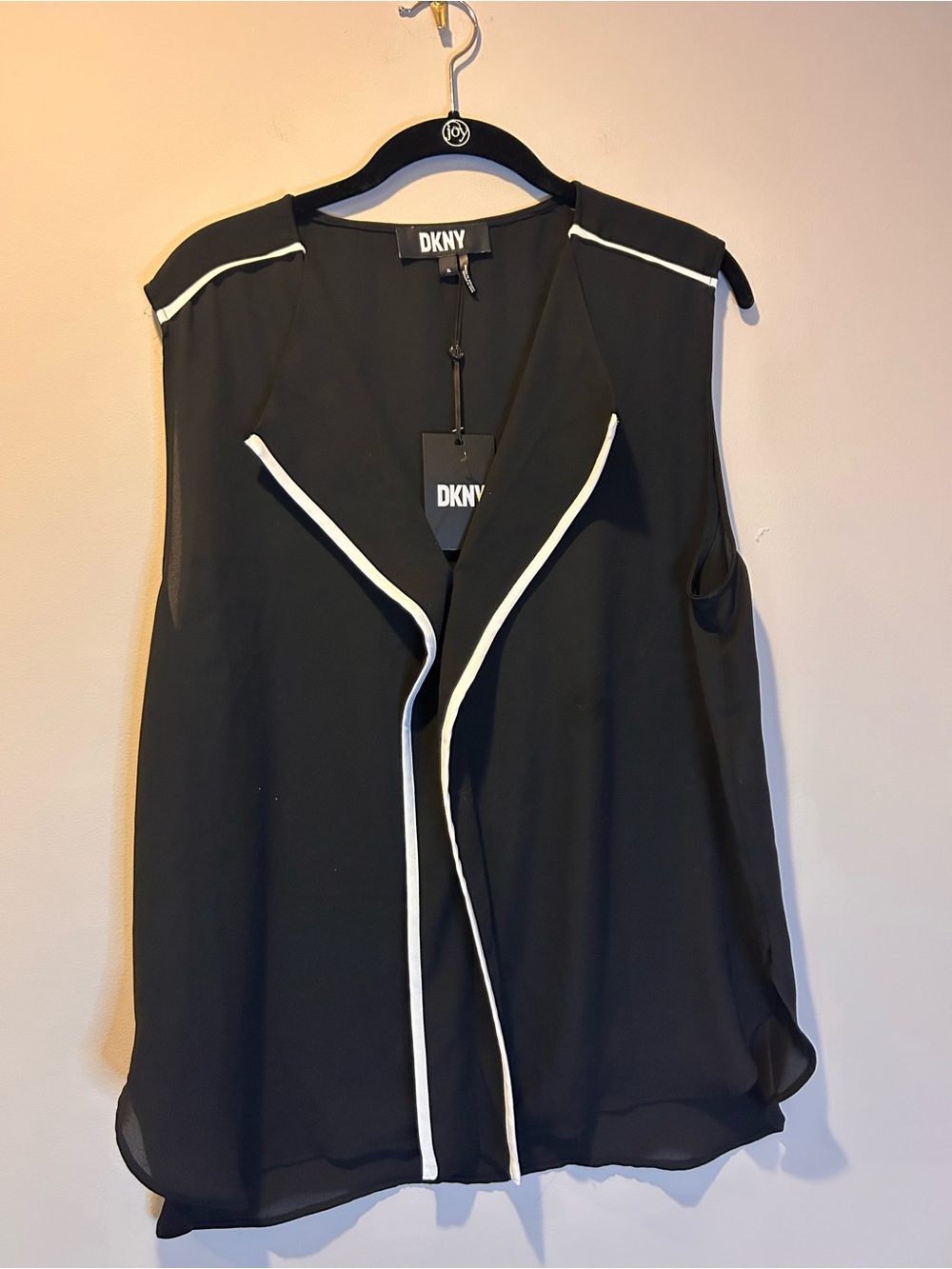 DKNY NWT Sleeveless Sheer Top Black White Ruffle Coquette XL Contrast Trim